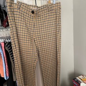 Tan with blue Betabrand window pane design, stretchy dress pant.